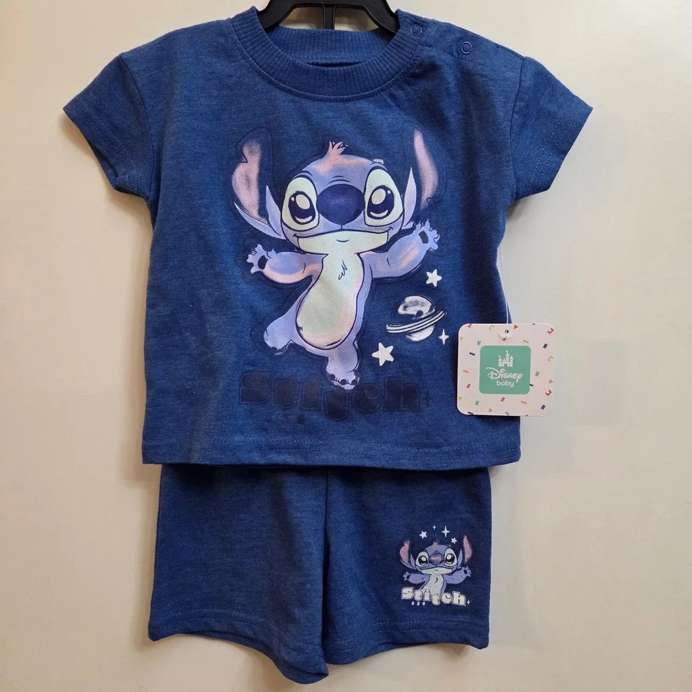 Disney Baby Stitch Heather Blue Graphic T-Shirt and Shorts Set 3-6M NWT
